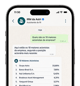 Conversa no WhatsApp com o Assistente IRM listando os 10 maiores acionistas da empresa