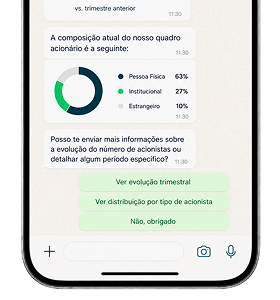 Conversa no WhatsApp mostrando a composição acionária em um gráfico e sugestões de próximas perguntas