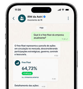 Conversa no WhatsApp com o Assistente IRM respondendo sobre o free float da empresa