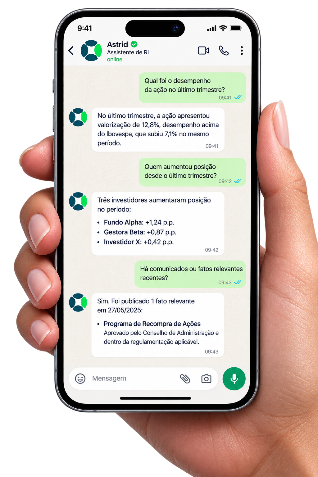 Mão segurando um celular com o Assistente de IA do IRM Astri conversando no WhatsApp