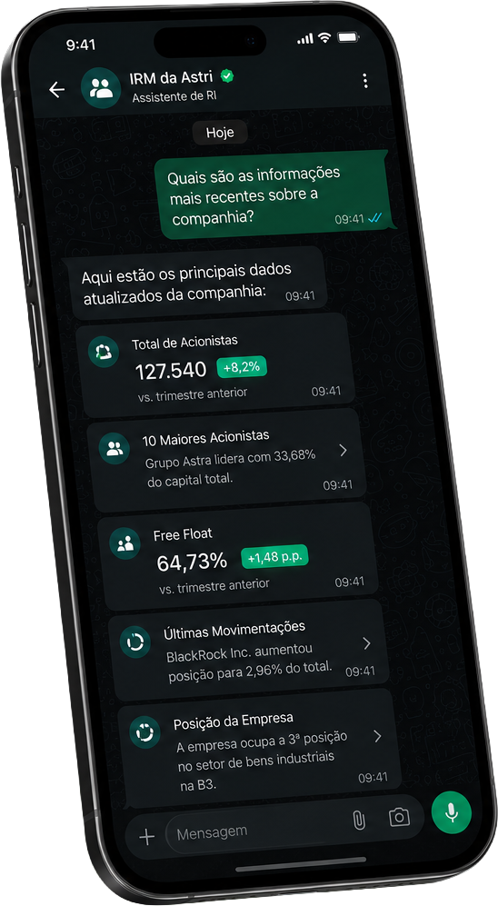 Mockup do assistente de IA do IRM Astri conversando no WhatsApp